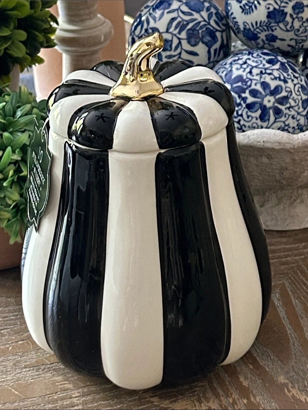 NEW! Mackenzie Childs Inspired Black & White Striped Ceramic Pumpkin Canister